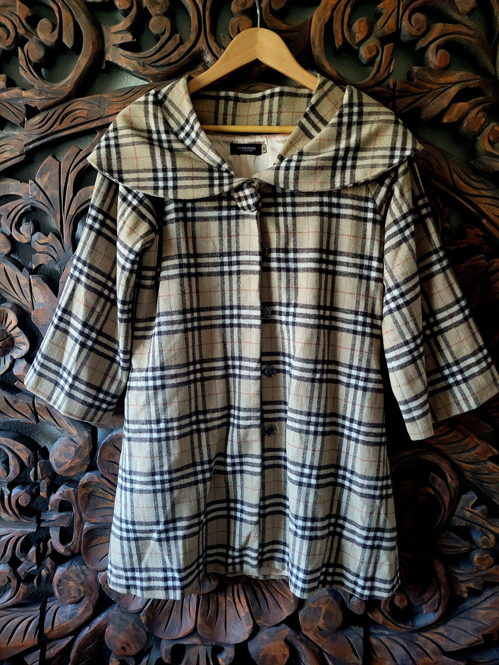 Burberry Beige and Black Plaid Pea Coat with Sailor Collar